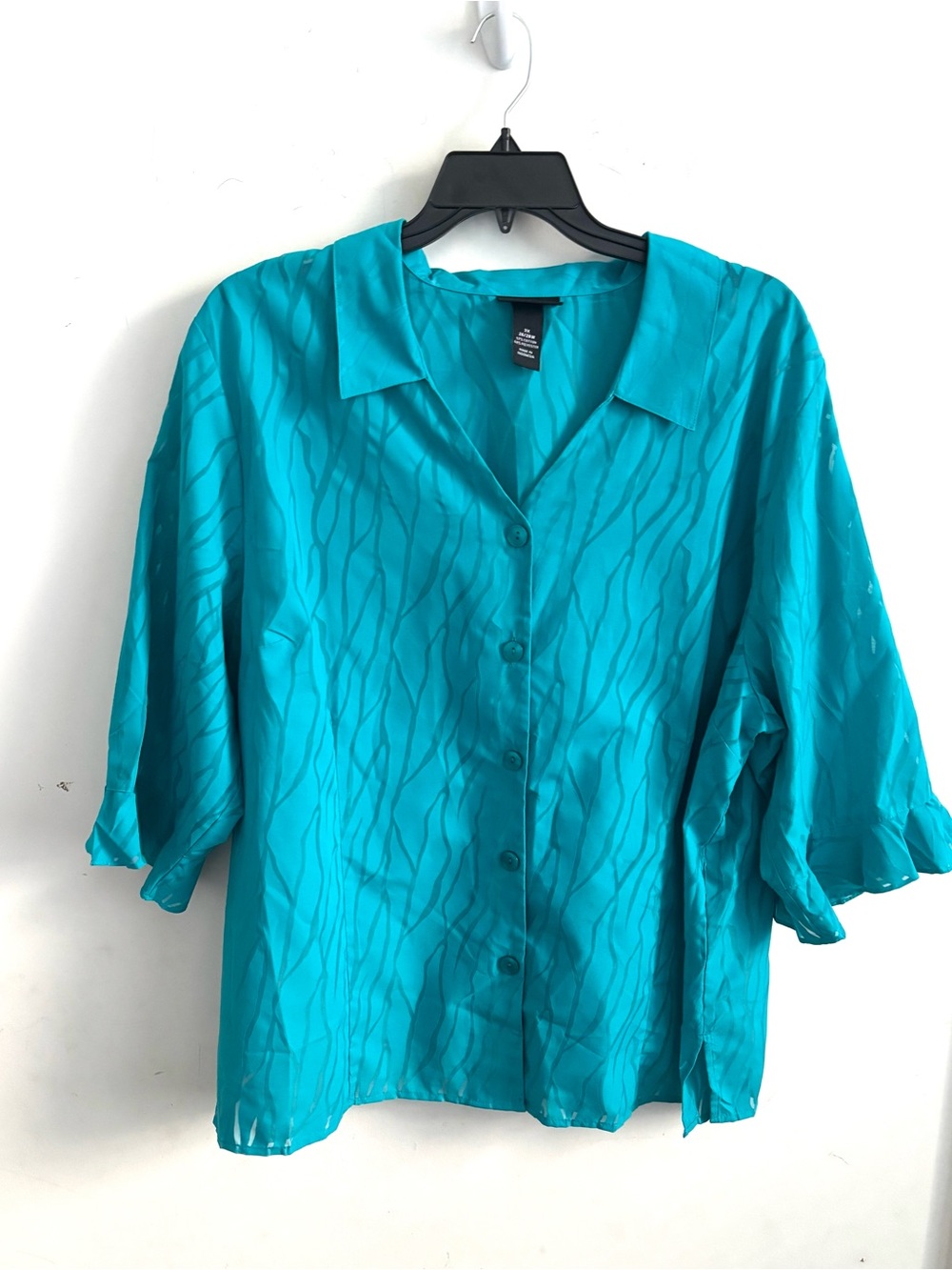 Maggie Barnes Shirt Button Up 3X Tourquoise Whimsy 3/4 Ruffle Sleeve Artsy